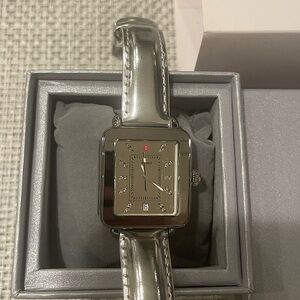 Michele Deco Sport Watch- Silver Case/Face w/Diamond Accents-Silver Leather Band